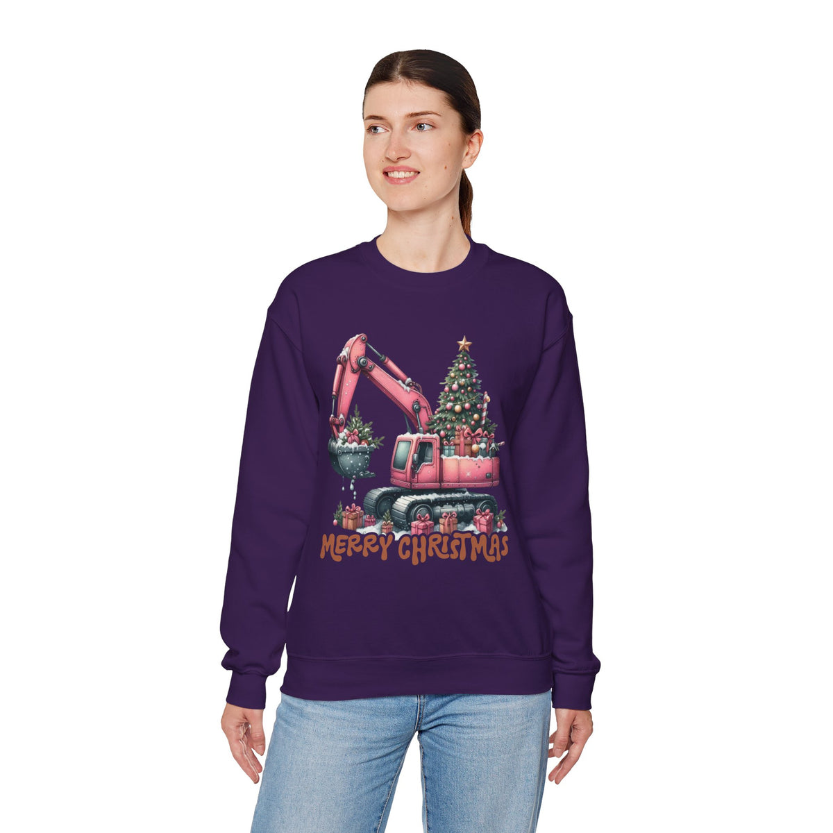 Excavator Merry Christmas Construction – Gildan Heavy Blend | Trendy Women’s Soft Sweatshirt. Direct to Garment. Printed & Shipped in the USA. Unisex Sizes.