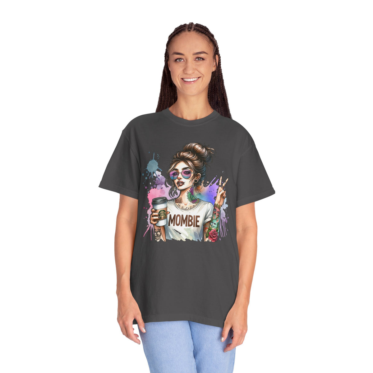 Cool Mombie with Coffee Peace Tattoo - Comfort Colors | Trendy Women's T-Shirt. Direct to Garment. Printed & Shipped in the USA. Unisex Sizes.