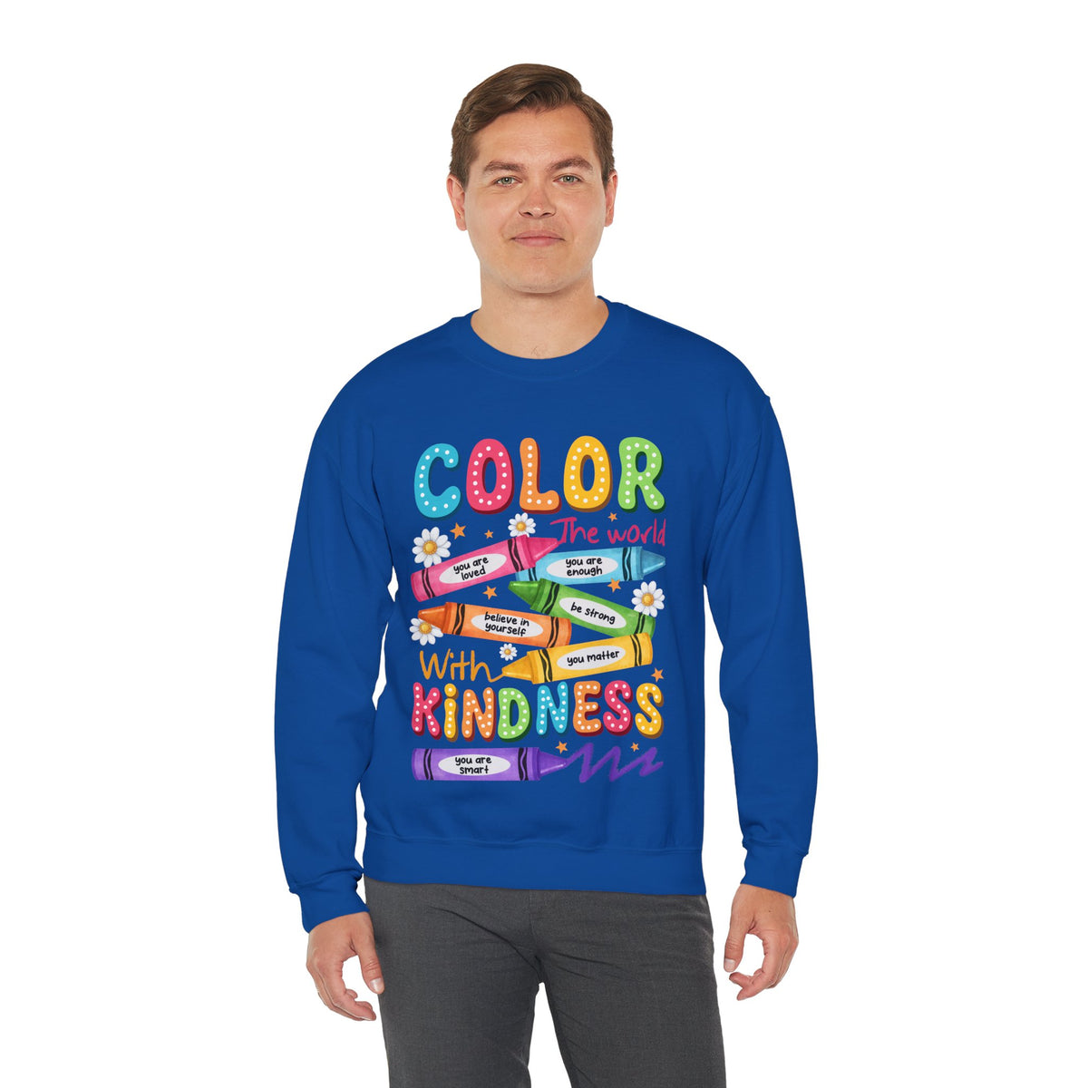 Color the World With Kindness Crayons, Great Teacher Gift – Gildan Heavy Blend | Trendy Women’s and Men's Soft Sweatshirt. Direct to Garment. Printed & Shipped in the USA. Unisex Sizes.