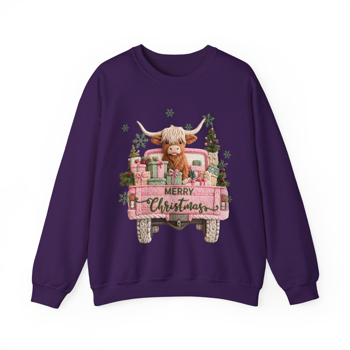 Highland Cow in Pink Truck Merry Christmas Holiday Farmhouse – Gildan Heavy Blend | Trendy Women’s Soft Sweatshirt. Direct to Garment. Printed & Shipped in the USA. Unisex Sizes.