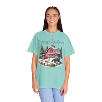 Merry Christmas Pink Barn Farm Animals - Comfort Colors | Trendy Women's T-Shirt. Direct to Garment. Printed & Shipped in the USA. Unisex Sizes.