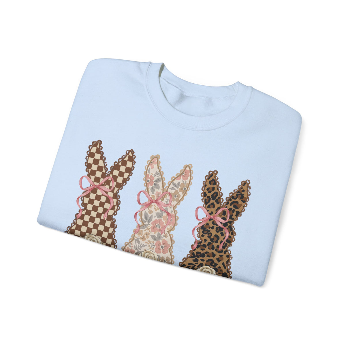 Easter Bunny Trio - Checkered, Floral & Leopard – Gildan Heavy Blend | Trendy Women’s Soft Sweatshirt. Direct to Garment. Printed & Shipped in the USA. Unisex Sizes.