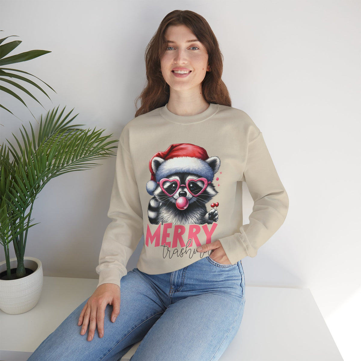 Merry Trashmas Bubblegum Raccoon w/Santa Hat Christmas – Gildan Heavy Blend | Trendy Women’s Soft Sweatshirt. Direct to Garment. Printed & Shipped in the USA. Unisex Sizes.