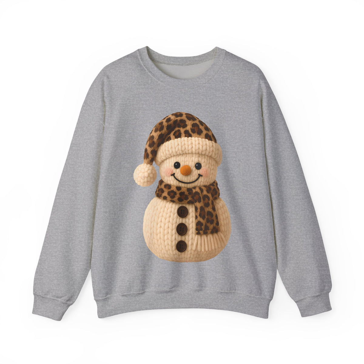 Cute Leopard Faux Knit Snowman Winter – Gildan Heavy Blend | Trendy Women’s Soft Sweatshirt. Direct to Garment. Printed & Shipped in the USA. Unisex Sizes.