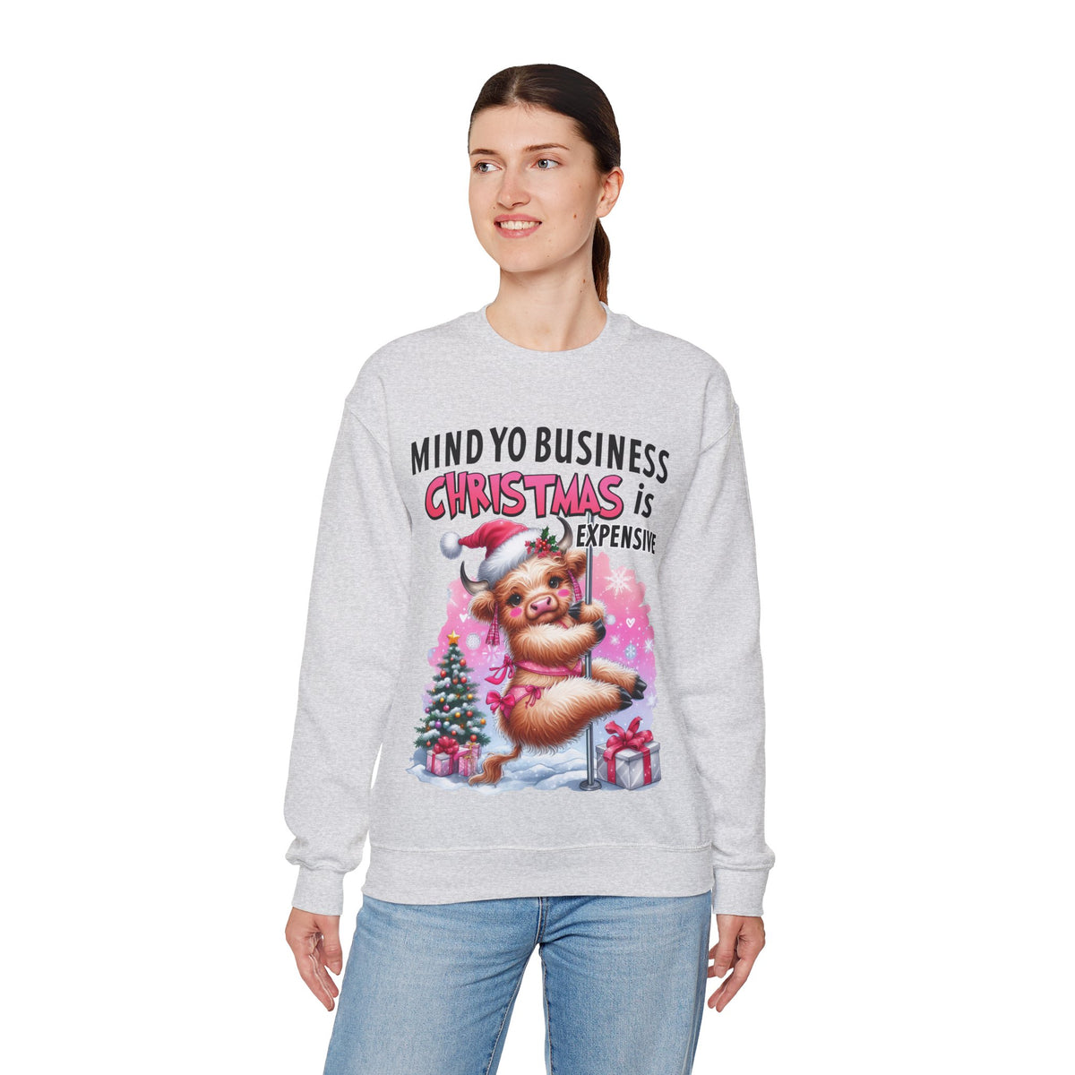 Highland Cow Mind Yo Business Christmas is Expensive – Gildan Heavy Blend | Trendy Women’s Soft Sweatshirt. Direct to Garment. Printed & Shipped in the USA. Unisex Sizes.