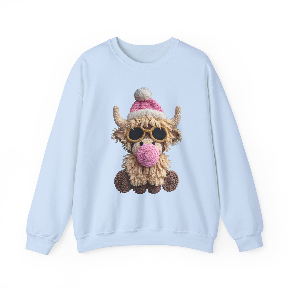 Faux Crochet Highland Cow Bubblegum – Gildan Heavy Blend | Trendy Women’s Soft Sweatshirt. Direct to Garment. Printed & Shipped in the USA. Unisex Sizes.