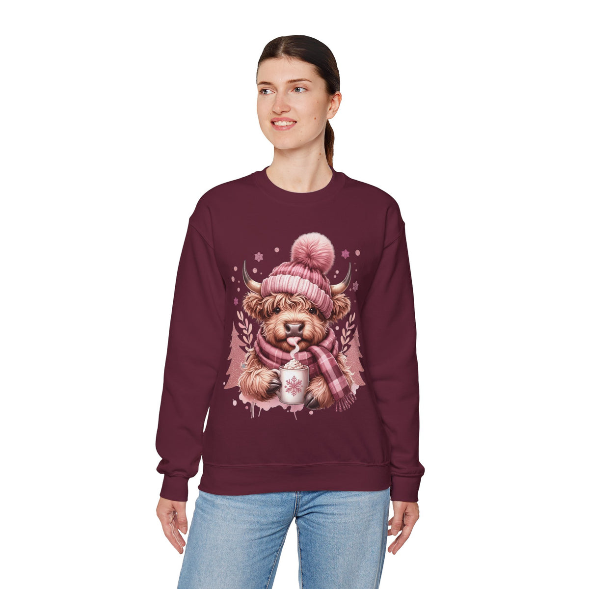 Cozy Highland Cow, Winter Coffee Mug & Scarf Pink – Gildan Heavy Blend | Trendy Women’s Soft Sweatshirt. Direct to Garment. Printed & Shipped in the USA. Unisex Sizes.