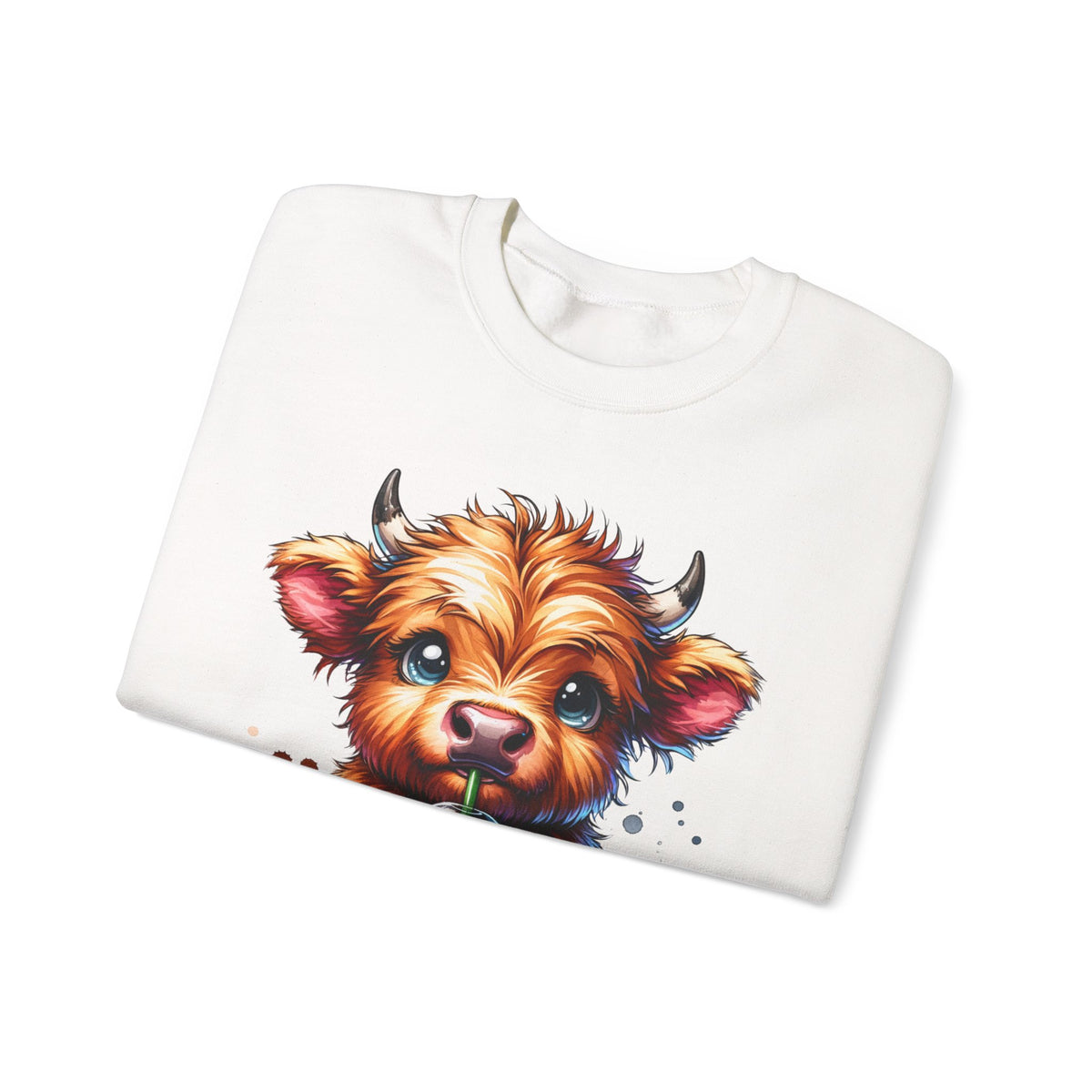 Coffee Addict Highland Cow Drinking Iced Coffee – Gildan Heavy Blend | Trendy Women’s Soft Sweatshirt. Direct to Garment. Printed & Shipped in the USA. Unisex Sizes.