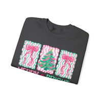 Merry & Bright Christmas - Pink & Green Holiday Tree Design – Gildan Heavy Blend | Trendy Women’s Soft Sweatshirt. Direct to Garment. Printed & Shipped in the USA. Unisex Sizes.
