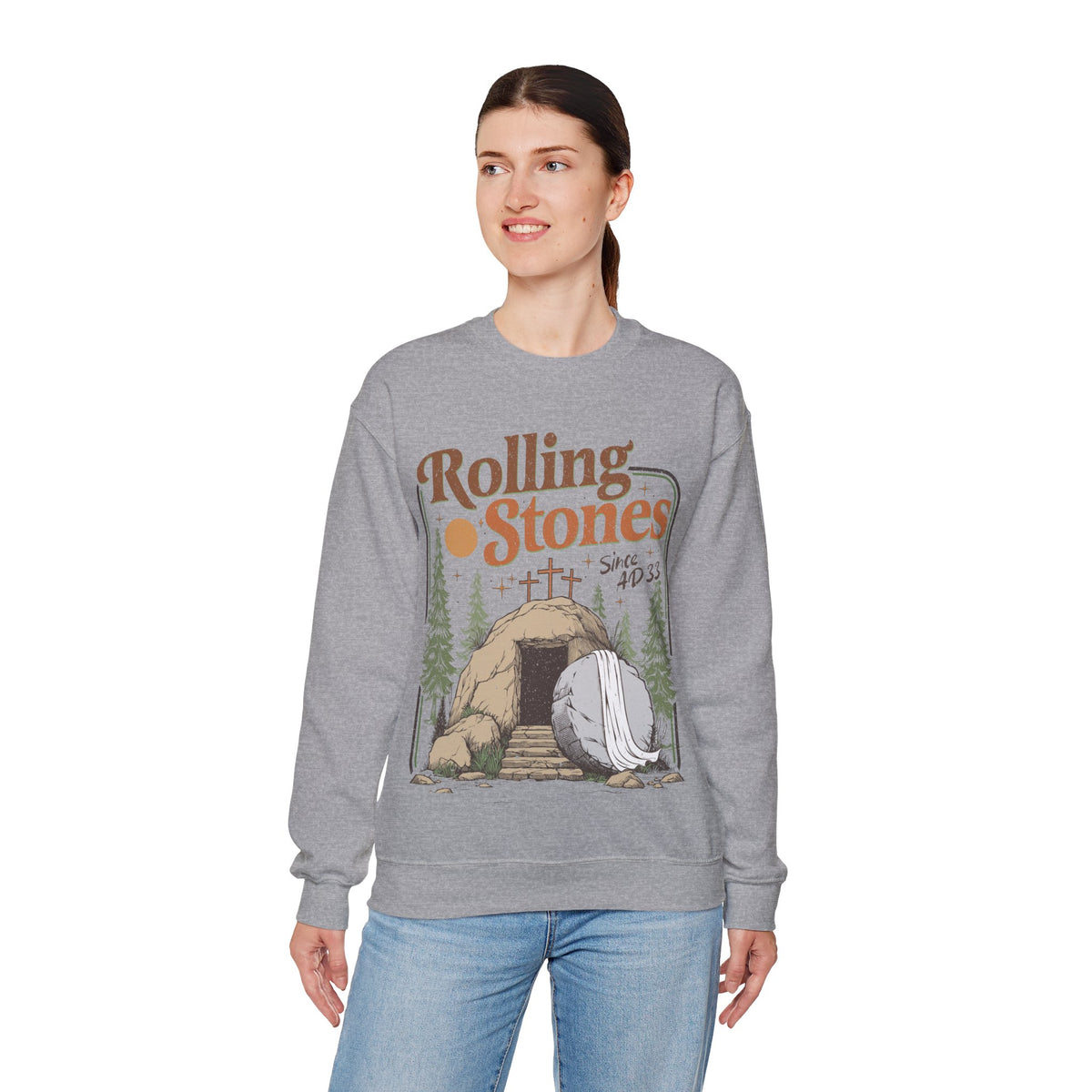 Rolling Stones "Since AD33" Easter Empty Tomb Christian – Gildan Heavy Blend | Trendy Men's and Women’s Soft Sweatshirt. Direct to Garment. Printed & Shipped in the USA. Unisex Sizes.