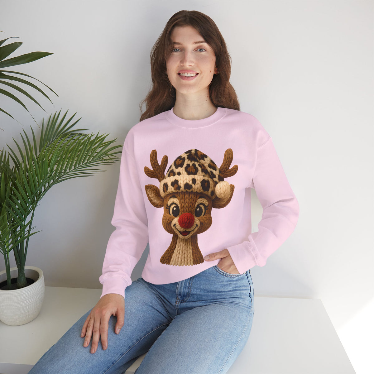Rudolph Reindeer Leopard Santa Hat Christmas – Gildan Heavy Blend | Trendy Women’s Soft Sweatshirt. Direct to Garment. Printed & Shipped in the USA. Unisex Sizes.