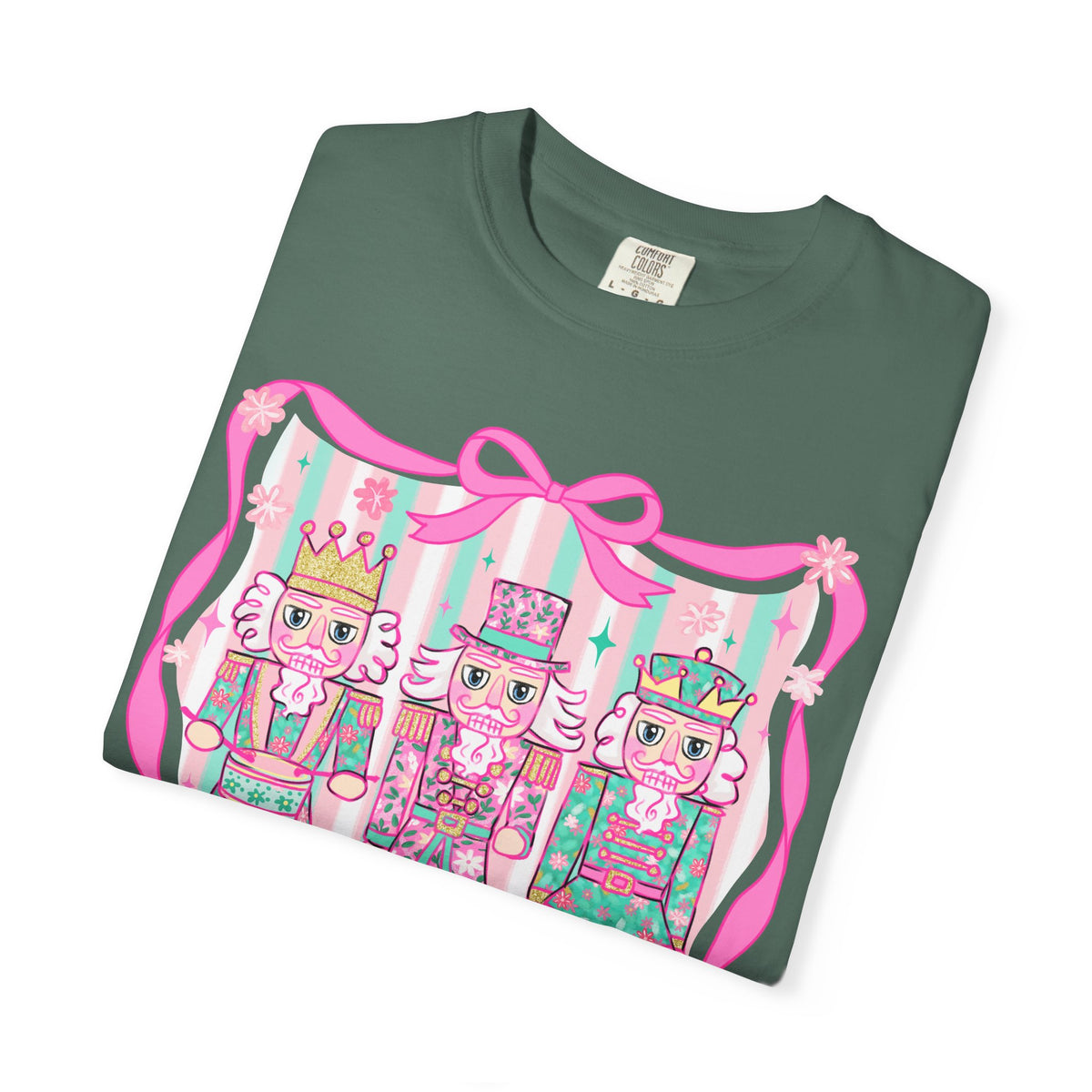 Coquette Pastel Christmas Nutcracker Trio Pink and Green - Comfort Colors | Trendy Women's T-Shirt. Direct to Garment. Printed & Shipped in the USA. Unisex Sizes.