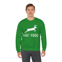 Fast Food Deer Hunting Humor Distressed – Gildan Heavy Blend | Trendy Men's and Women’s Soft Sweatshirt. Direct to Garment. Printed & Shipped in the USA. Unisex Sizes.
