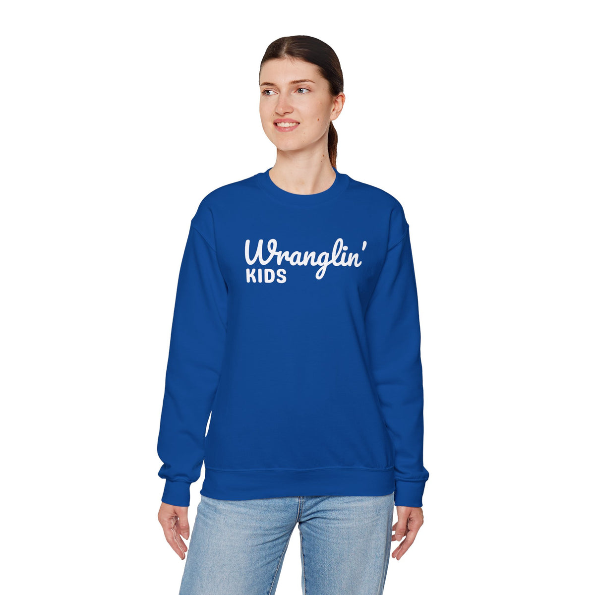 Wranglin' Kids Funny Mom Dad – Gildan Heavy Blend | Trendy Women’s and Men's Soft Sweatshirt. Direct to Garment. Printed & Shipped in the USA. Unisex Sizes.