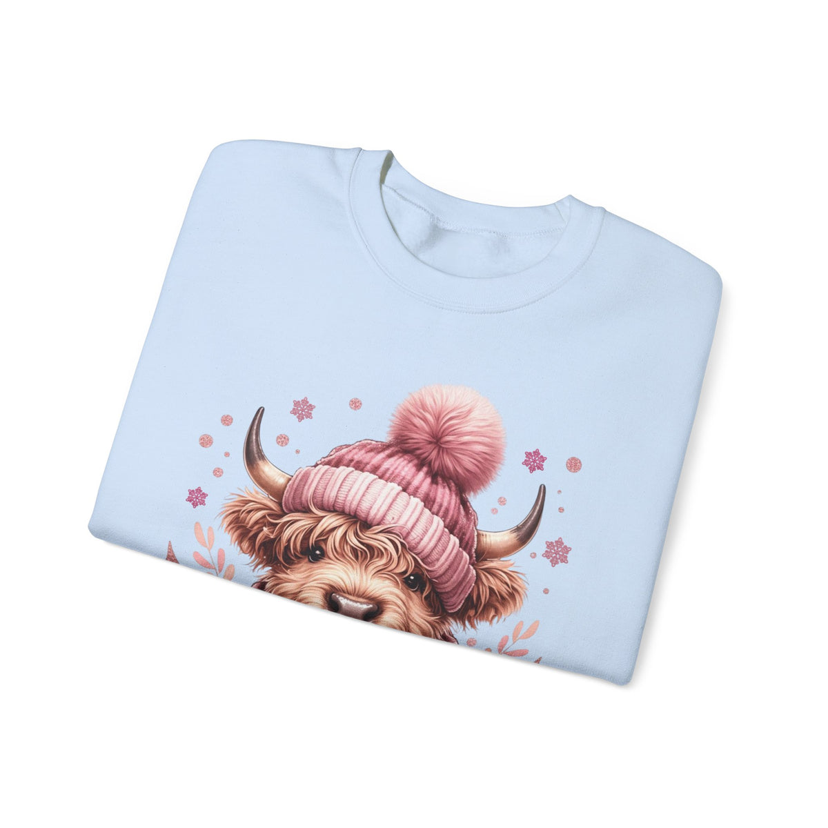 Cozy Highland Cow, Winter Coffee Mug & Scarf Pink – Gildan Heavy Blend | Trendy Women’s Soft Sweatshirt. Direct to Garment. Printed & Shipped in the USA. Unisex Sizes.