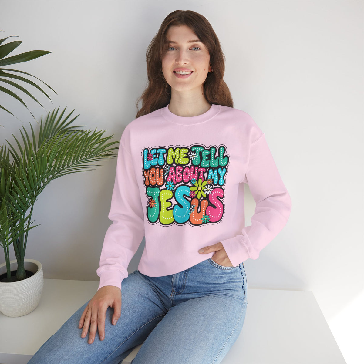 Let Me Tell You About My Jesus - Christian Colorful – Gildan Heavy Blend | Trendy Women’s Soft Sweatshirt. Direct to Garment. Printed & Shipped in the USA. Unisex Sizes.