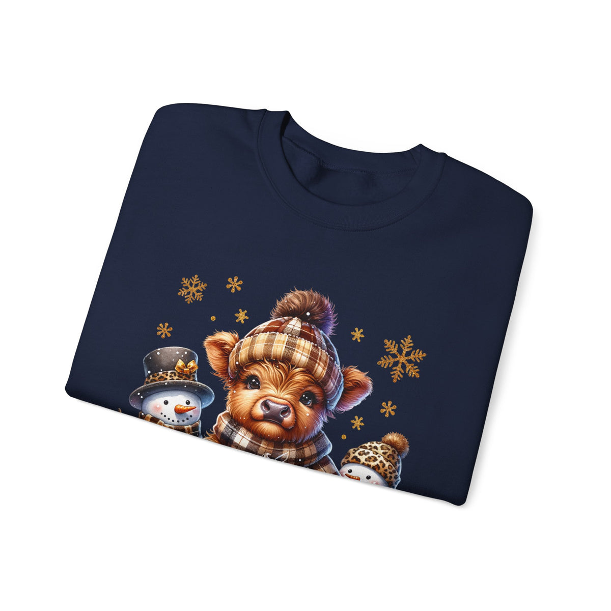 Cute Highland Cow with Snowmen, Winter – Gildan Heavy Blend | Trendy Women’s Soft Sweatshirt. Direct to Garment. Printed & Shipped in the USA. Unisex Sizes.