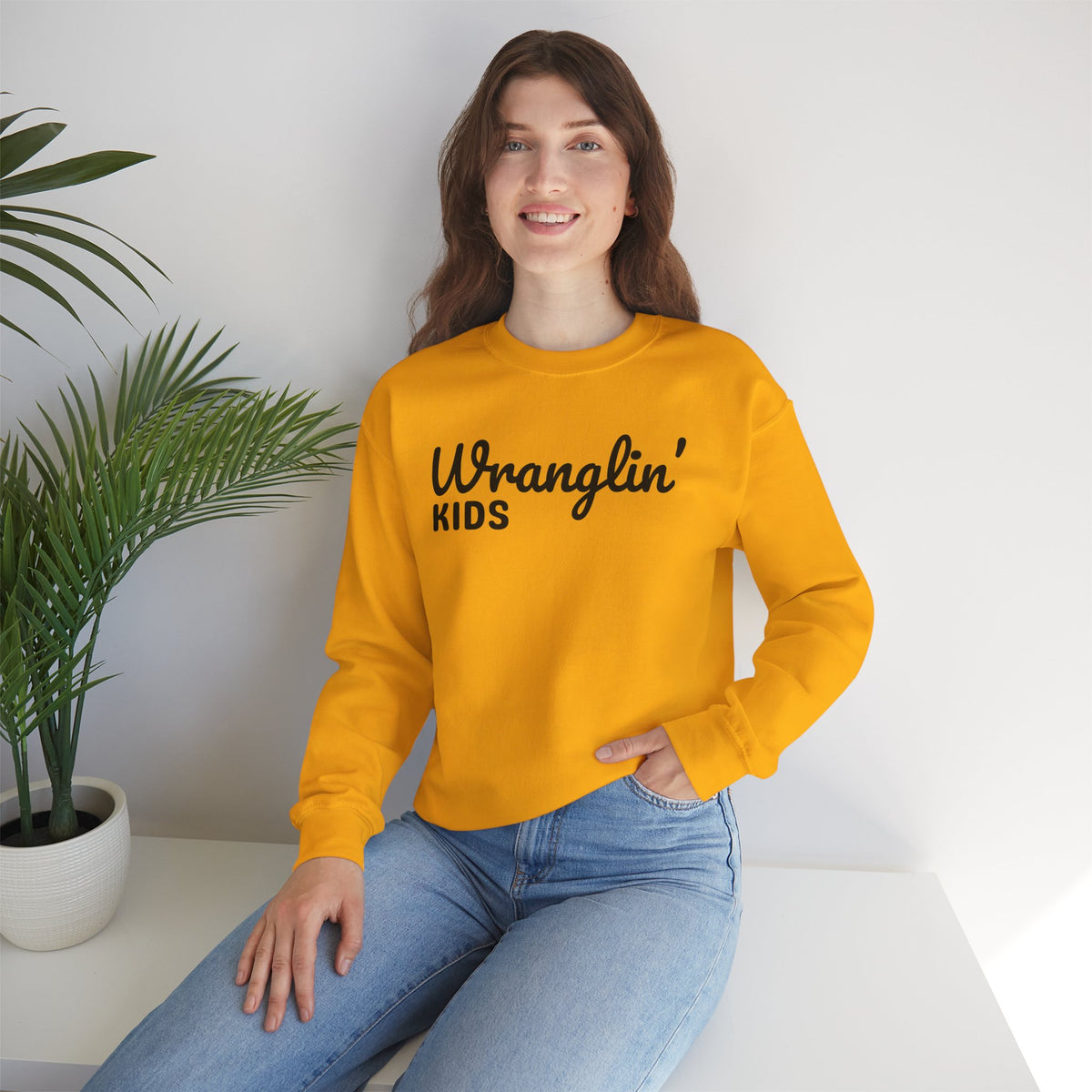 Wranglin' Kids Funny Mom Dad – Gildan Heavy Blend | Trendy Women’s and Men's Soft Sweatshirt. Direct to Garment. Printed & Shipped in the USA. Unisex Sizes.