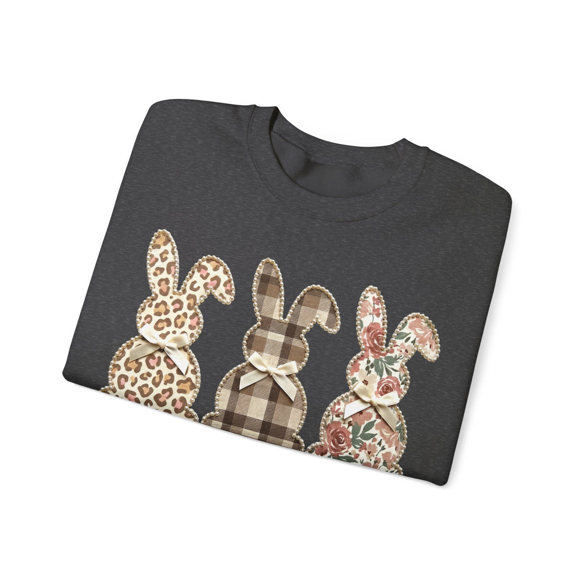 Easter Bunny Trio, Leopard, Plaid & Floral - Faux Pearl Outline – Gildan Heavy Blend | Trendy Women’s Soft Sweatshirt. Direct to Garment. Printed & Shipped in the USA. Unisex Sizes.
