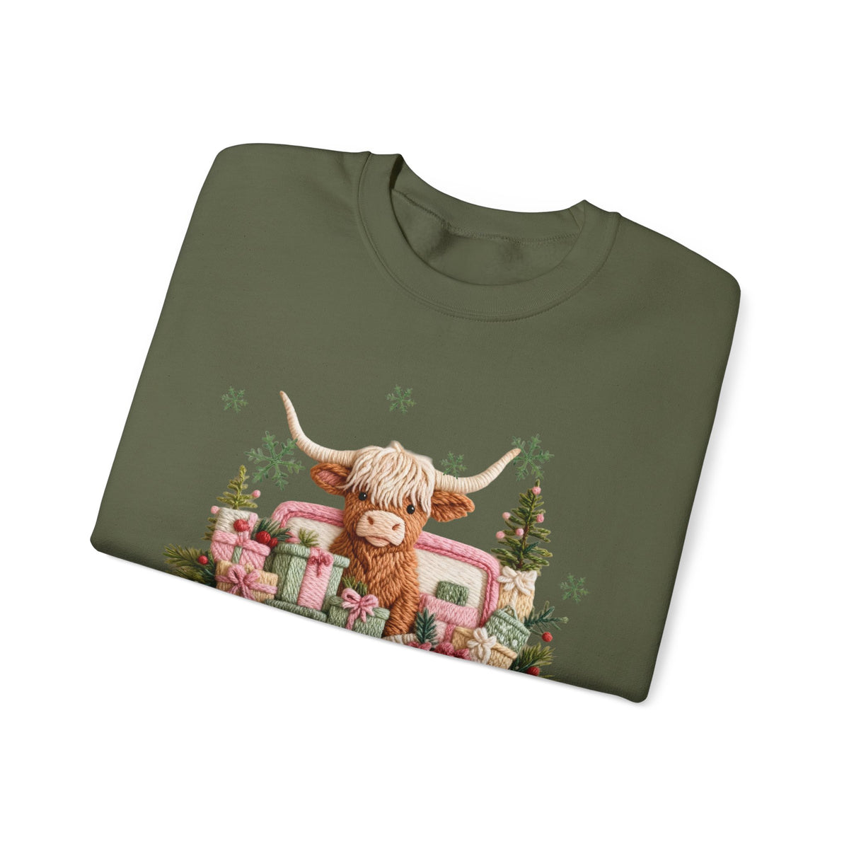 Highland Cow in Pink Truck Merry Christmas Holiday Farmhouse – Gildan Heavy Blend | Trendy Women’s Soft Sweatshirt. Direct to Garment. Printed & Shipped in the USA. Unisex Sizes.