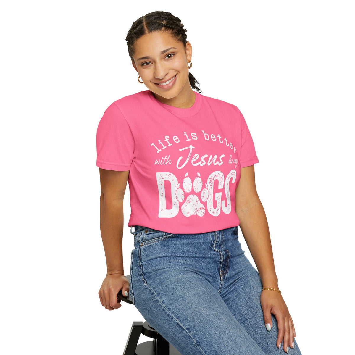 Life is Better With Jesus and My Dogs - Comfort Colors | Trendy Women's and Men's T-Shirt. Direct to Garment. Printed & Shipped in the USA. Unisex Sizes.