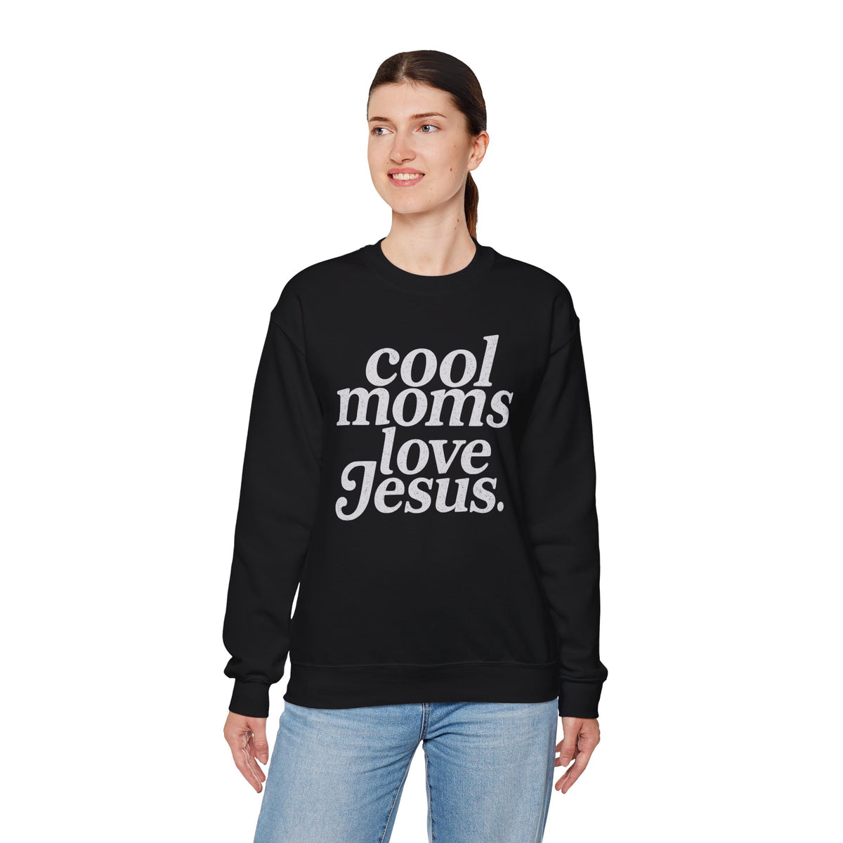 Cool Moms Love Jesus – Gildan Heavy Blend | Trendy Women’s Soft Sweatshirt. Direct to Garment. Printed & Shipped in the USA. Unisex Sizes.