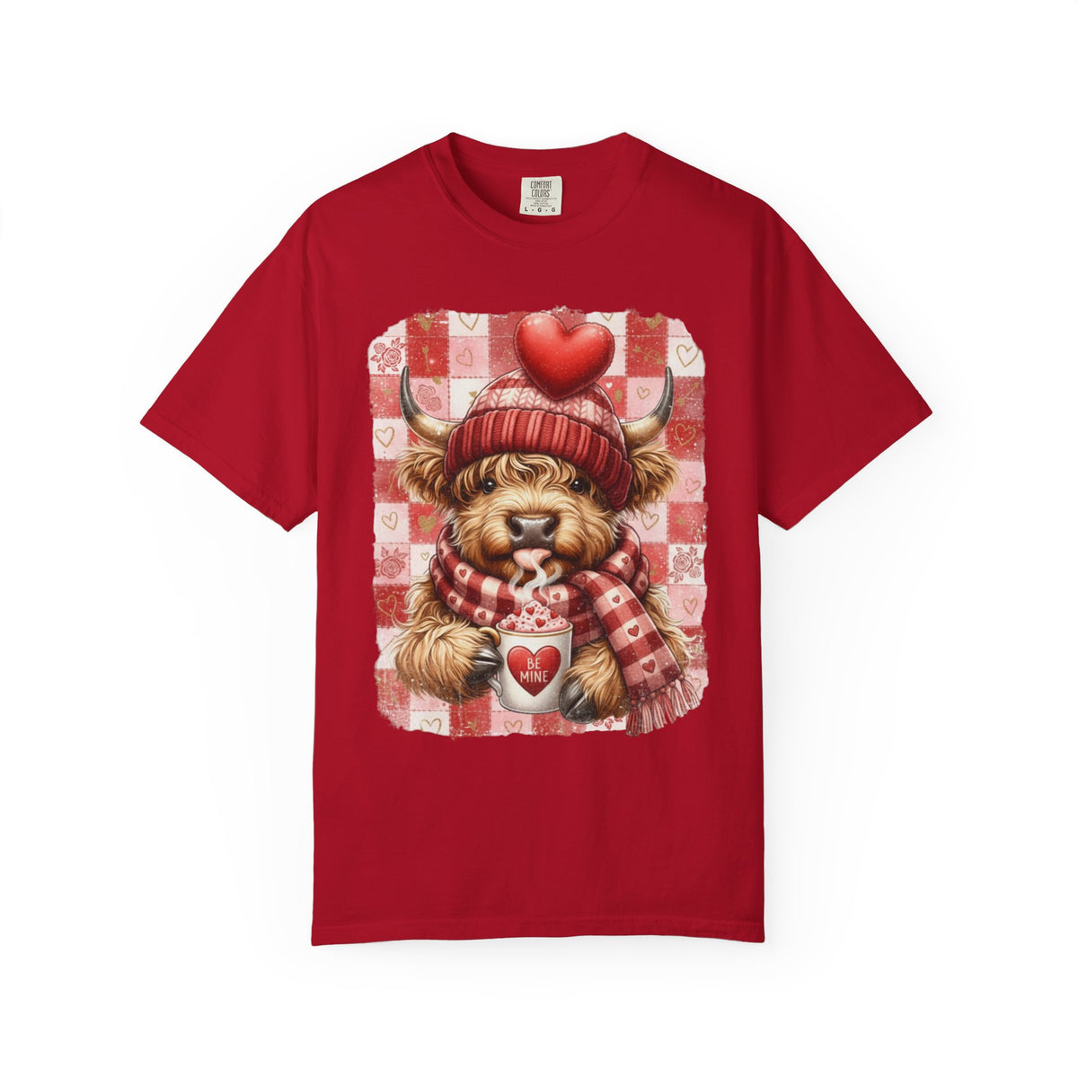 Highland Cow Be Mine, Red Checkered - Comfort Colors | Trendy Women's T-Shirt. Direct to Garment. Printed & Shipped in the USA. Unisex Sizes.