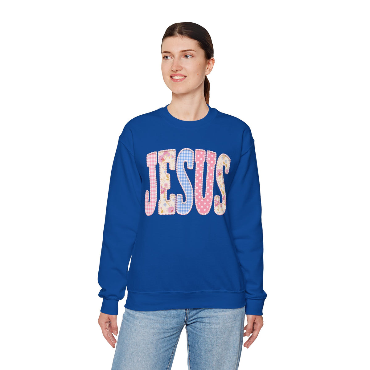 JESUS Pastel Faux Patchwork – Gildan Heavy Blend | Trendy Women’s Soft Sweatshirt. Direct to Garment. Printed & Shipped in the USA. Unisex Sizes.