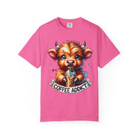 Coffee Addict Highland Cow Drinking Iced Coffee - Comfort Colors | Trendy Women's T-Shirt. Direct to Garment. Printed & Shipped in the USA. Unisex Sizes.