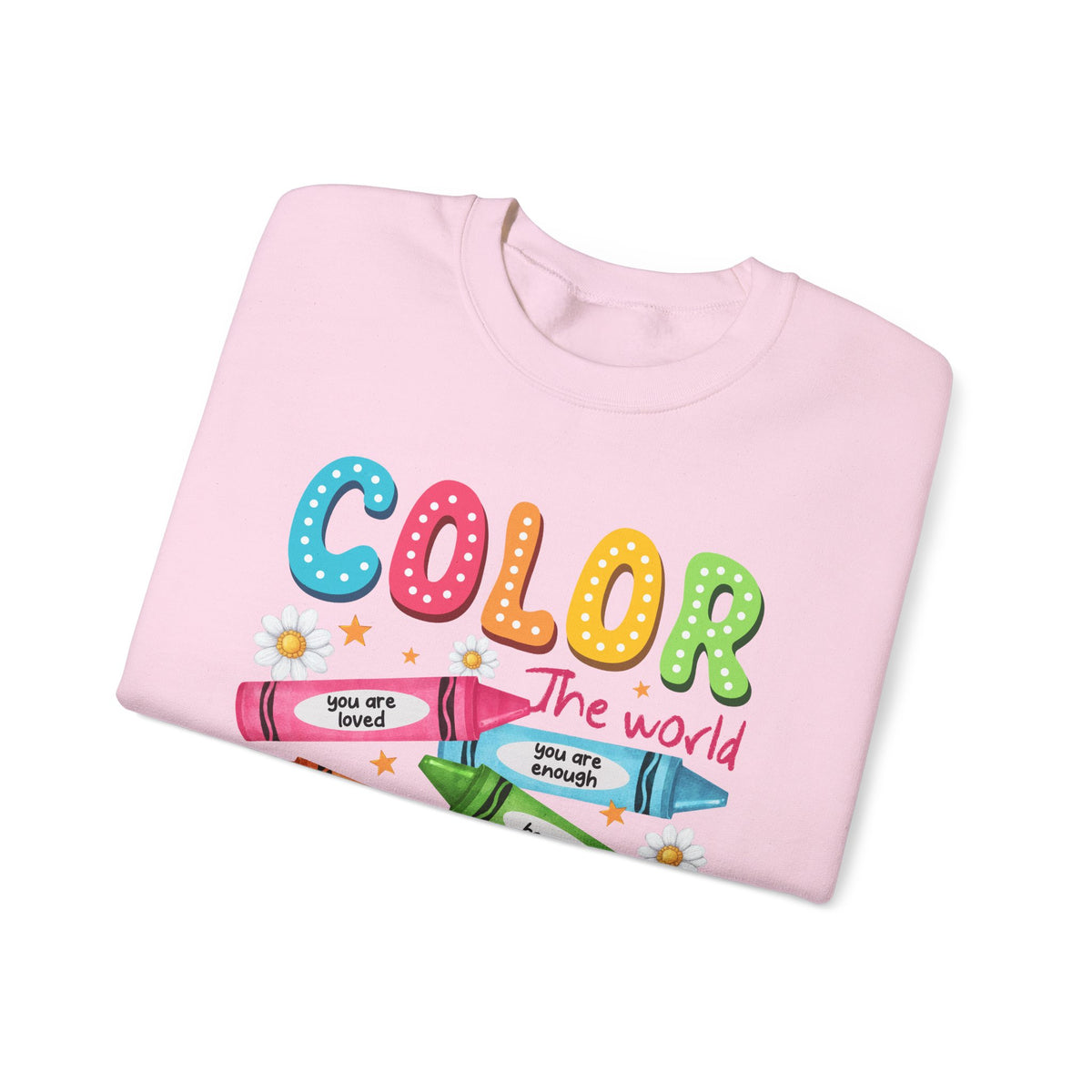 Color the World With Kindness Crayons, Great Teacher Gift – Gildan Heavy Blend | Trendy Women’s and Men's Soft Sweatshirt. Direct to Garment. Printed & Shipped in the USA. Unisex Sizes.
