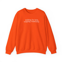 Walking By Faith, Tripping Constantly - Minimalist Design – Gildan Heavy Blend | Trendy Men's and Women’s Soft Sweatshirt. Direct to Garment. Printed & Shipped in the USA. Unisex Sizes.