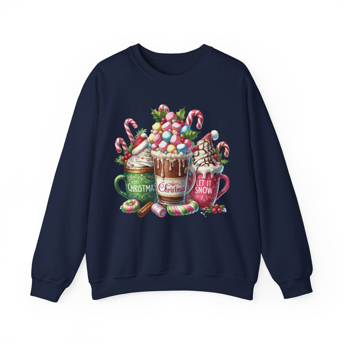 Hot Chocolate Mugs Christmas Hot Cocoa – Gildan Heavy Blend | Trendy Women’s Soft Sweatshirt. Direct to Garment. Printed & Shipped in the USA. Unisex Sizes.