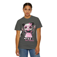 Cute But Feral, Possum in Pink Bibs - Comfort Colors | Trendy Women's T-Shirt. Direct to Garment. Printed & Shipped in the USA. Unisex Sizes.