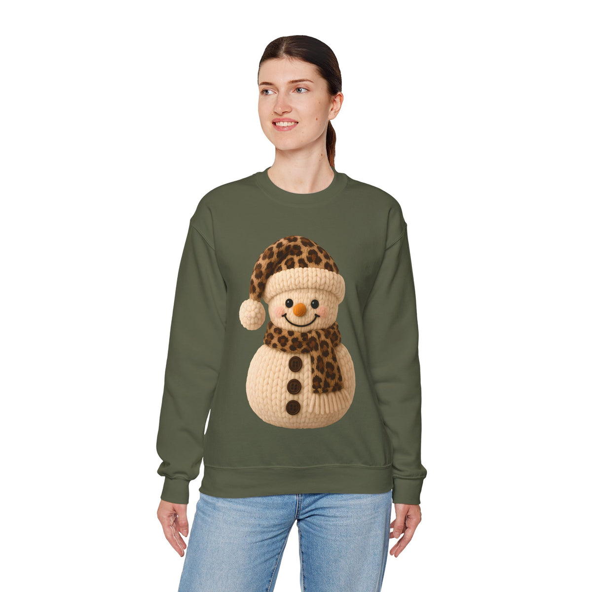 Cute Leopard Faux Knit Snowman Winter – Gildan Heavy Blend | Trendy Women’s Soft Sweatshirt. Direct to Garment. Printed & Shipped in the USA. Unisex Sizes.