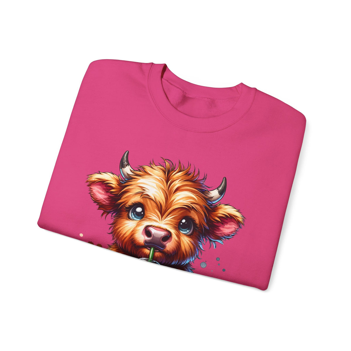 Coffee Addict Highland Cow Drinking Iced Coffee – Gildan Heavy Blend | Trendy Women’s Soft Sweatshirt. Direct to Garment. Printed & Shipped in the USA. Unisex Sizes.