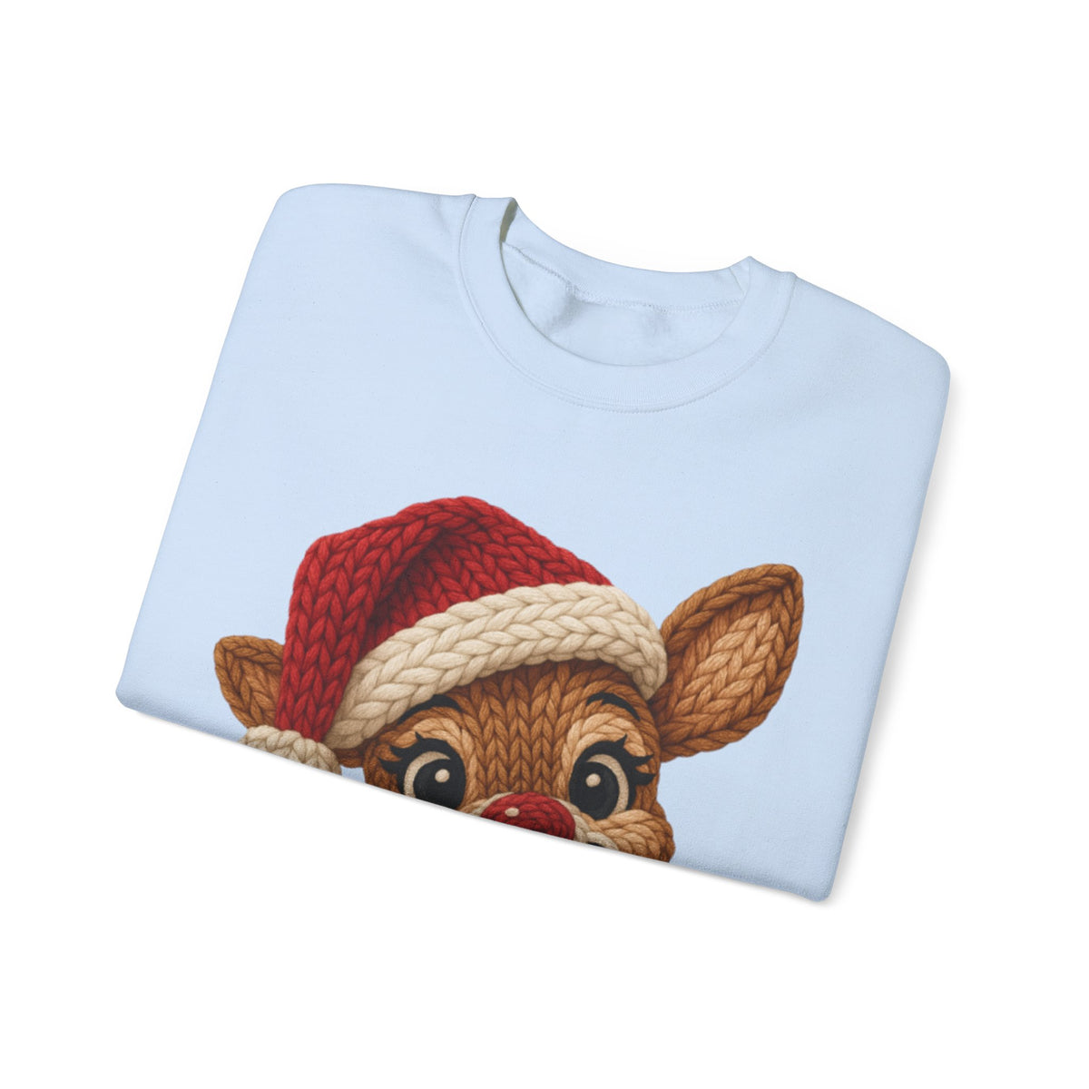 Cute Rudolph Faux Knit Look Reindeer w/Santa Hat – Gildan Heavy Blend | Trendy Women’s Soft Sweatshirt. Direct to Garment. Printed & Shipped in the USA. Unisex Sizes.