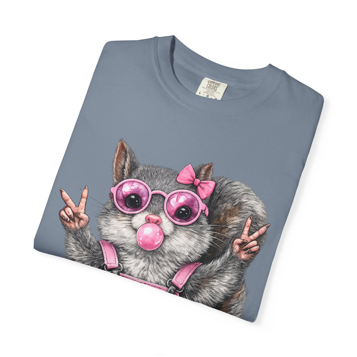 Cute But Feral, Squirrel in Pink Bibs - Comfort Colors | Trendy Women's T-Shirt. Direct to Garment. Printed & Shipped in the USA. Unisex Sizes.