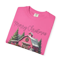 Merry Christmas Pink Barn Farm Animals - Comfort Colors | Trendy Women's T-Shirt. Direct to Garment. Printed & Shipped in the USA. Unisex Sizes.