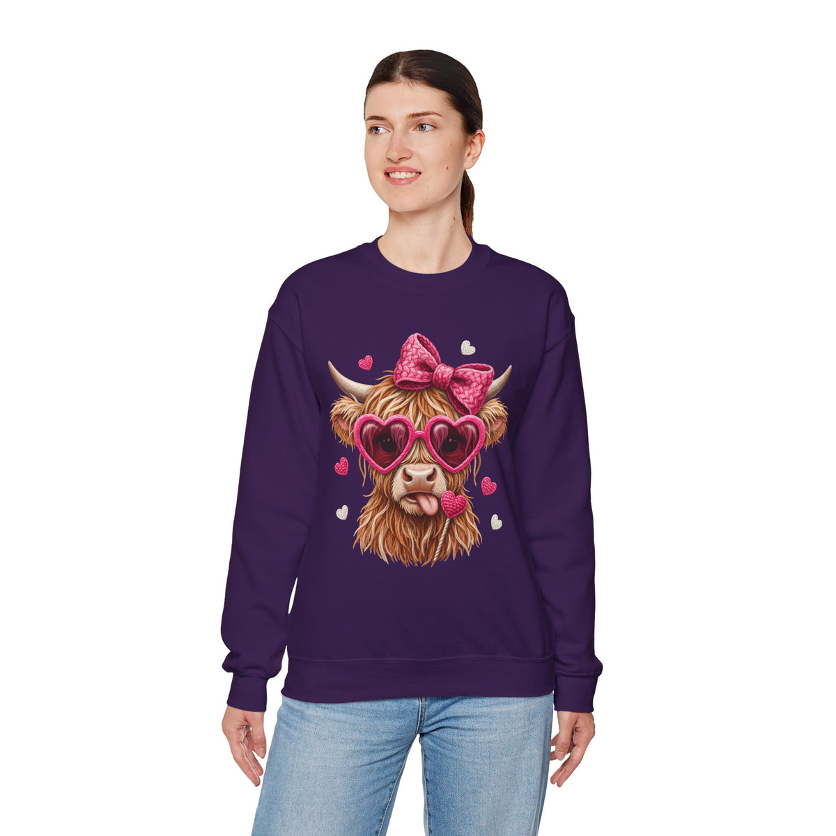 Highland Cow - Pink Heart Shaped Glasses – Gildan Heavy Blend | Trendy Women’s Soft Sweatshirt. Direct to Garment. Printed & Shipped in the USA. Unisex Sizes.