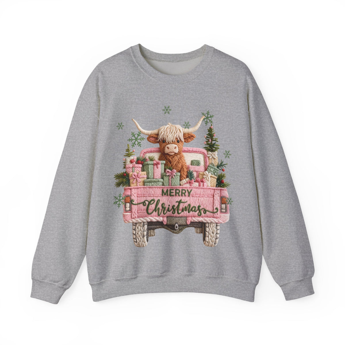 Highland Cow in Pink Truck Merry Christmas Holiday Farmhouse – Gildan Heavy Blend | Trendy Women’s Soft Sweatshirt. Direct to Garment. Printed & Shipped in the USA. Unisex Sizes.