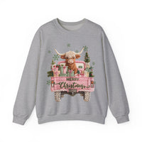 Highland Cow in Pink Truck Merry Christmas Holiday Farmhouse – Gildan Heavy Blend | Trendy Women’s Soft Sweatshirt. Direct to Garment. Printed & Shipped in the USA. Unisex Sizes.