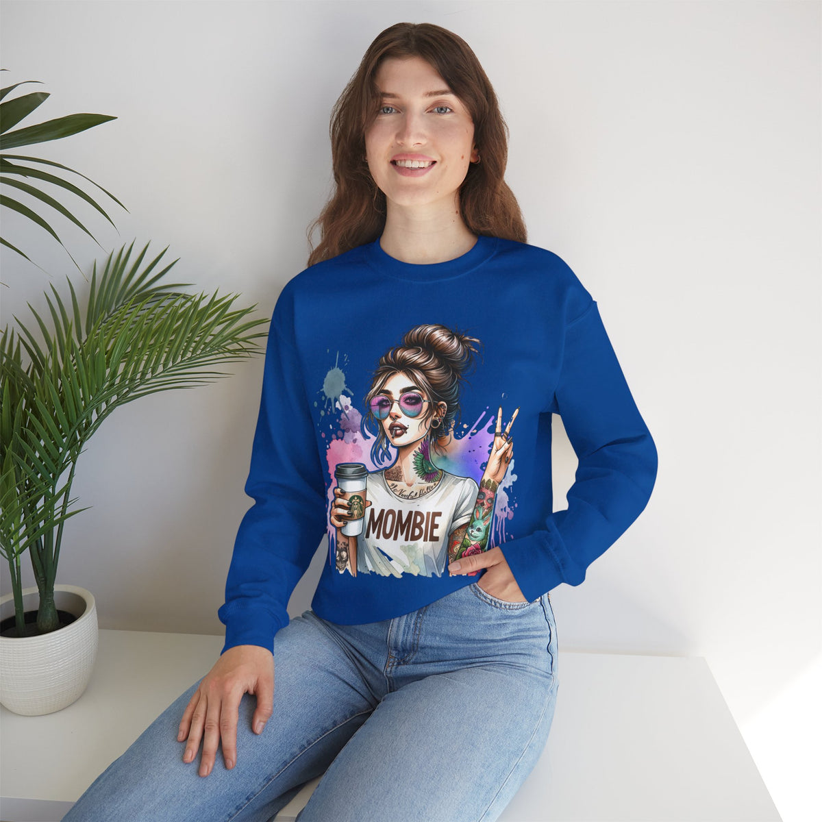Cool Mombie with Coffee Peace Tattoo - Tired Mom – Gildan Heavy Blend | Trendy Women’s Soft Sweatshirt. Direct to Garment. Printed & Shipped in the USA. Unisex Sizes.