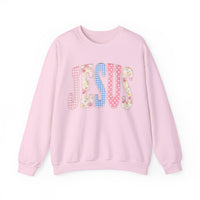 JESUS Pastel Faux Patchwork – Gildan Heavy Blend | Trendy Women’s Soft Sweatshirt. Direct to Garment. Printed & Shipped in the USA. Unisex Sizes.