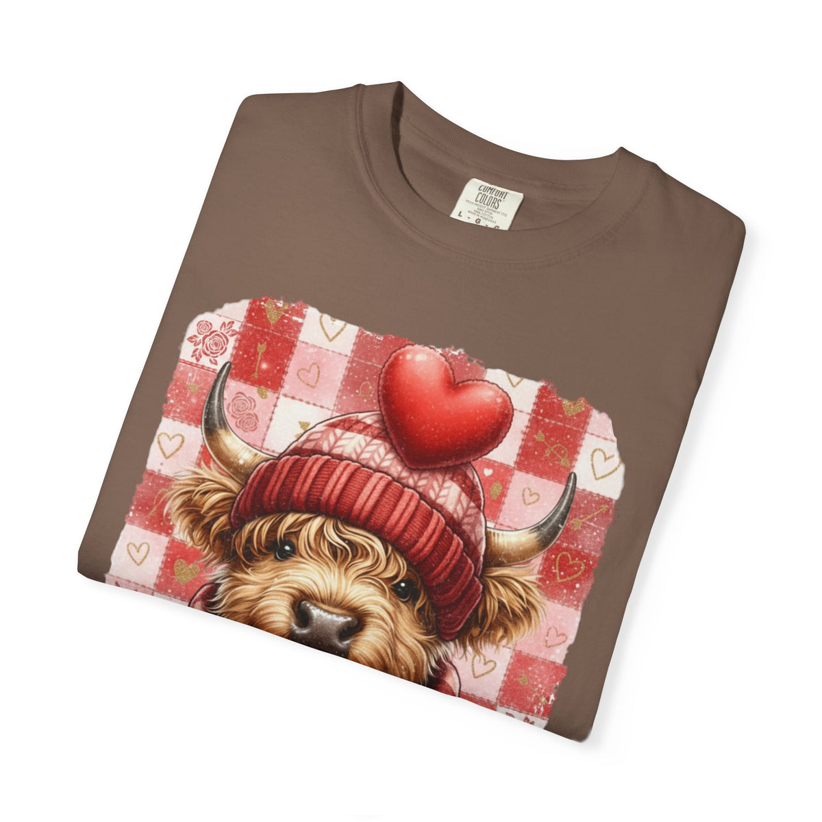 Highland Cow Be Mine, Red Checkered - Comfort Colors | Trendy Women's T-Shirt. Direct to Garment. Printed & Shipped in the USA. Unisex Sizes.