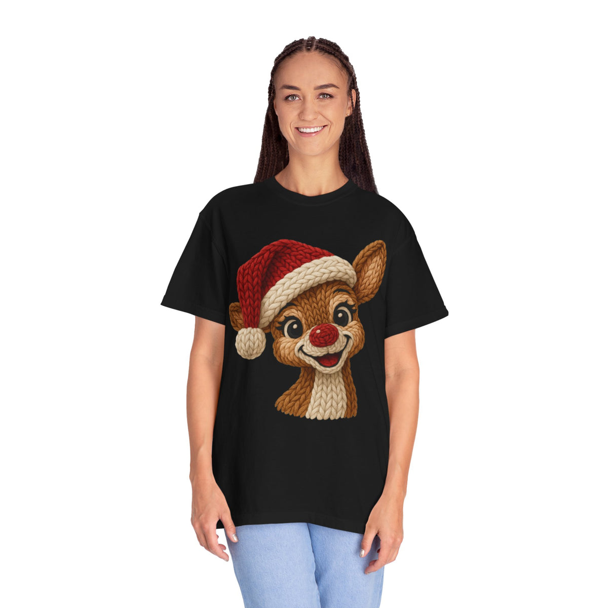 Cute Rudolph Faux Knit Look Reindeer w/Santa Hat - Comfort Colors | Trendy Women's T-Shirt. Direct to Garment. Printed & Shipped in the USA. Unisex Sizes.