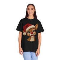 Cute Rudolph Faux Knit Look Reindeer w/Santa Hat - Comfort Colors | Trendy Women's T-Shirt. Direct to Garment. Printed & Shipped in the USA. Unisex Sizes.