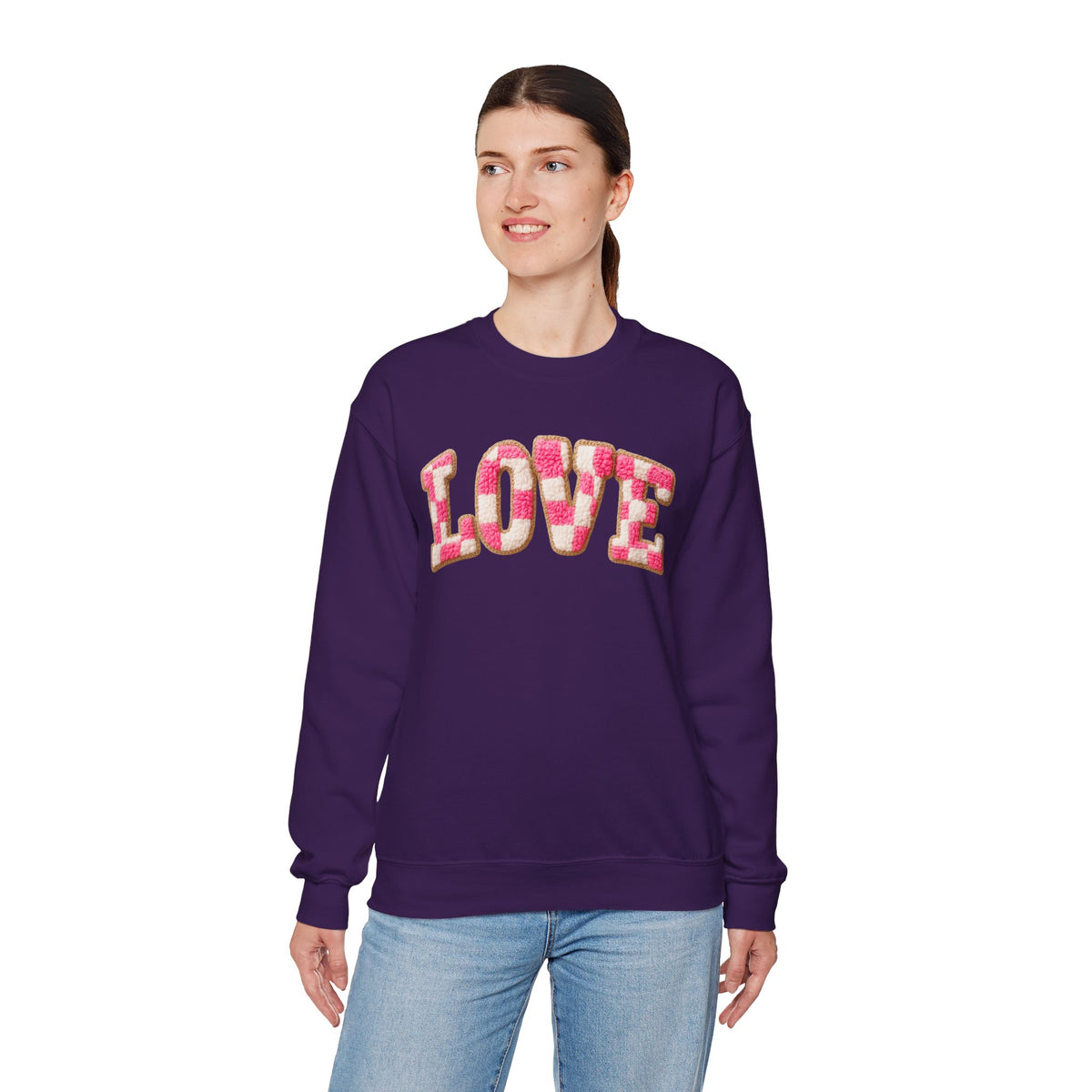 Faux Crochet Checkered LOVE – Gildan Heavy Blend | Trendy Women’s Soft Sweatshirt. Direct to Garment. Printed & Shipped in the USA. Unisex Sizes.