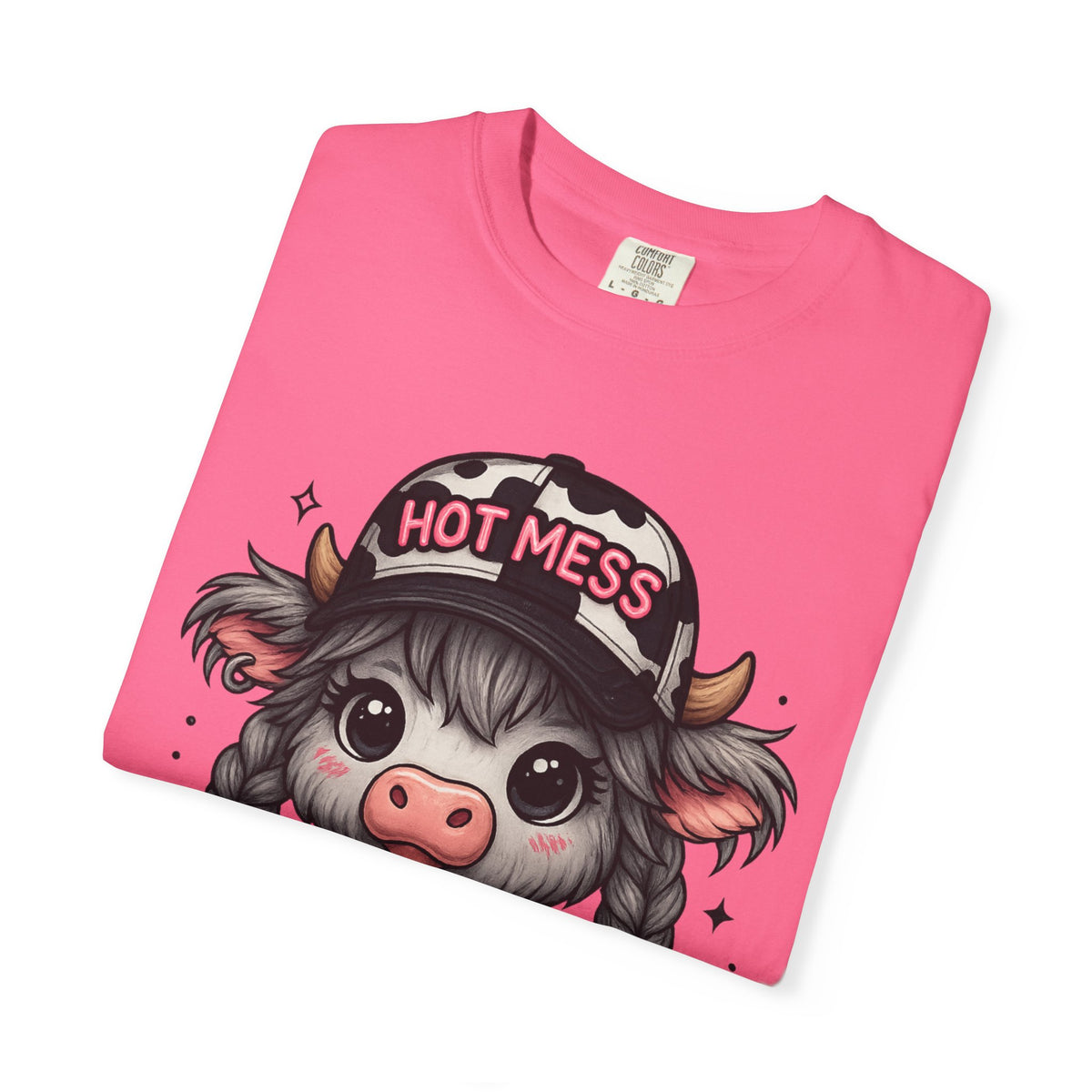 Cute Highland Cow 'Hot Mess' In Braids  - Comfort Colors | Trendy Women's T-Shirt. Direct to Garment. Printed & Shipped in the USA. Unisex Sizes.
