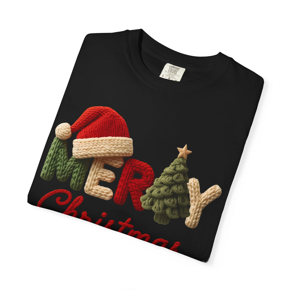 Merry Christmas Faux Yarn w/Santa Hat & Tree - Comfort Colors | Trendy Women's T-Shirt. Direct to Garment. Printed & Shipped in the USA. Unisex Sizes.