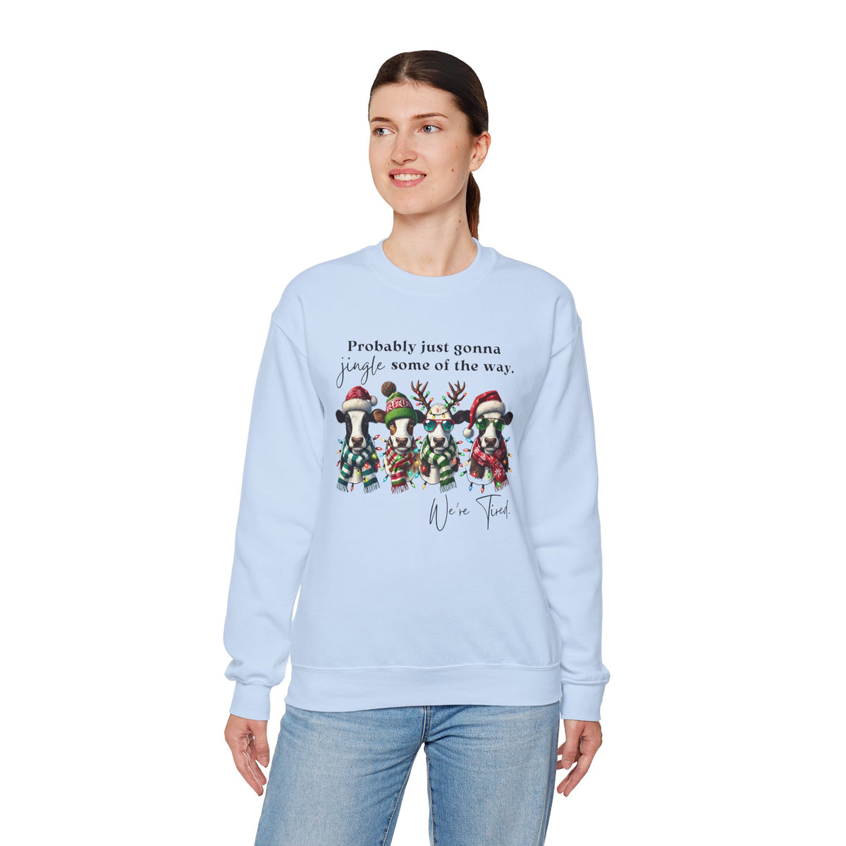 Christmas Cows - Probably Just Gonna Jingle Some Of The Way – Gildan Heavy Blend | Trendy Women’s and Men's Soft Sweatshirt. Direct to Garment. Printed & Shipped in the USA. Unisex Sizes.